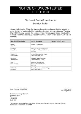 Notice of Uncontested Election-Swindon